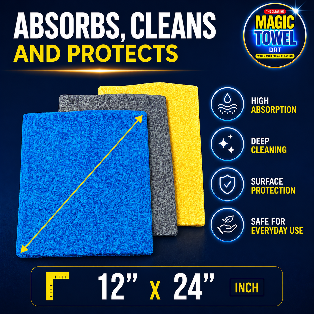 Magic Towel 3-Pack PVA Microfiber Cloth 12x24 Ultra Absorbent Lint Free Multiuso