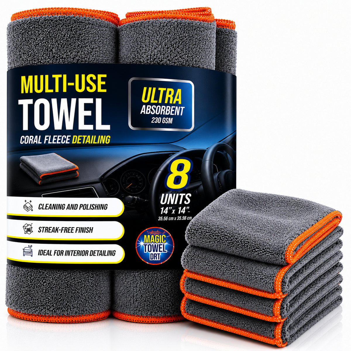 8-Pack Microfiber Car Detailing Towels 14x14 230 GSM Coral Fleece Lint-Free
