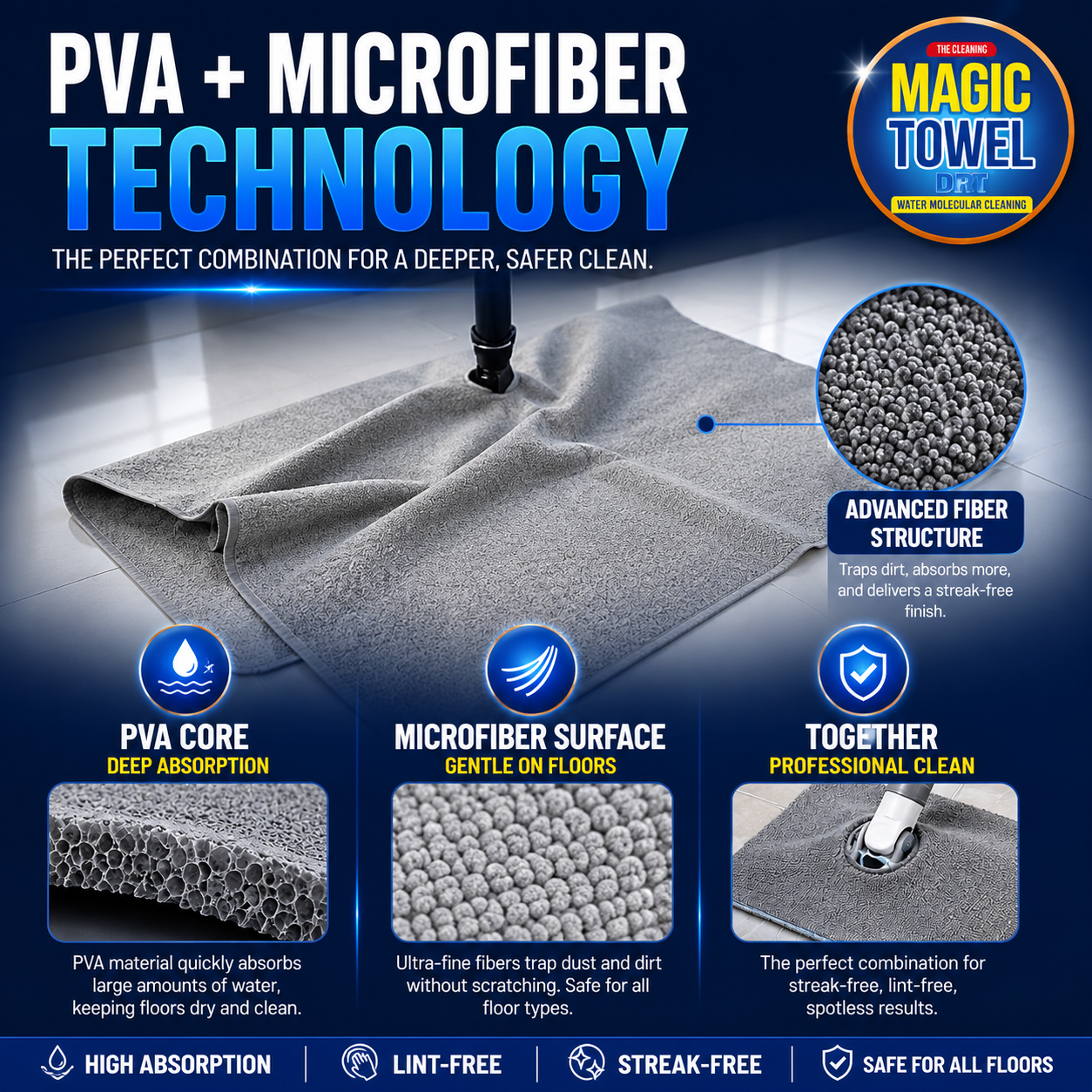 Floor Cleaning Mop Cloth 2-Pack PVA Microfiber 27.6x19.7in Center Hole Magic Tow
