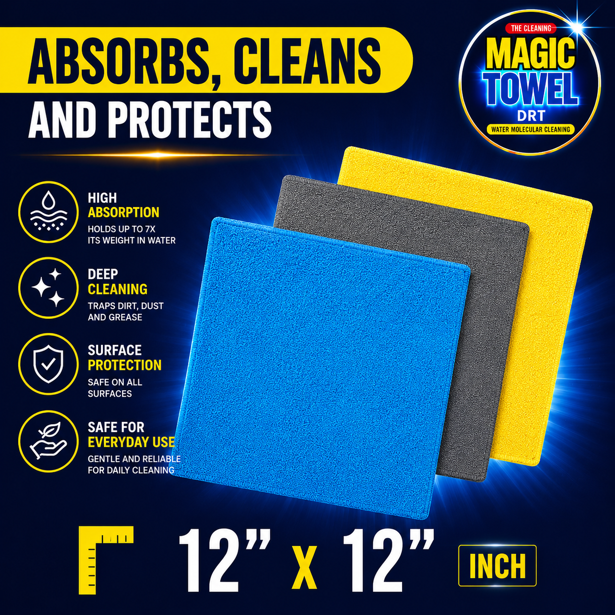 Microfiber Cleaning Cloth 9Pk 12x12in Yellow Grey Blue Ultra Absorbent Lint Free