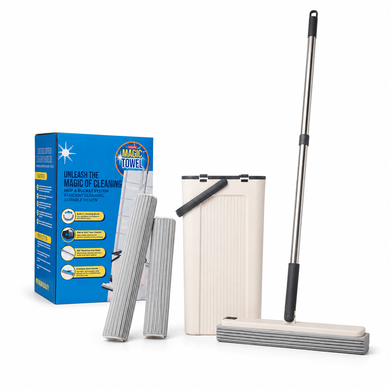 Mop and Bucket Set Self-Cleaning PVA 56in Pole 2 Refill Heads Flat Mop Magic Tow