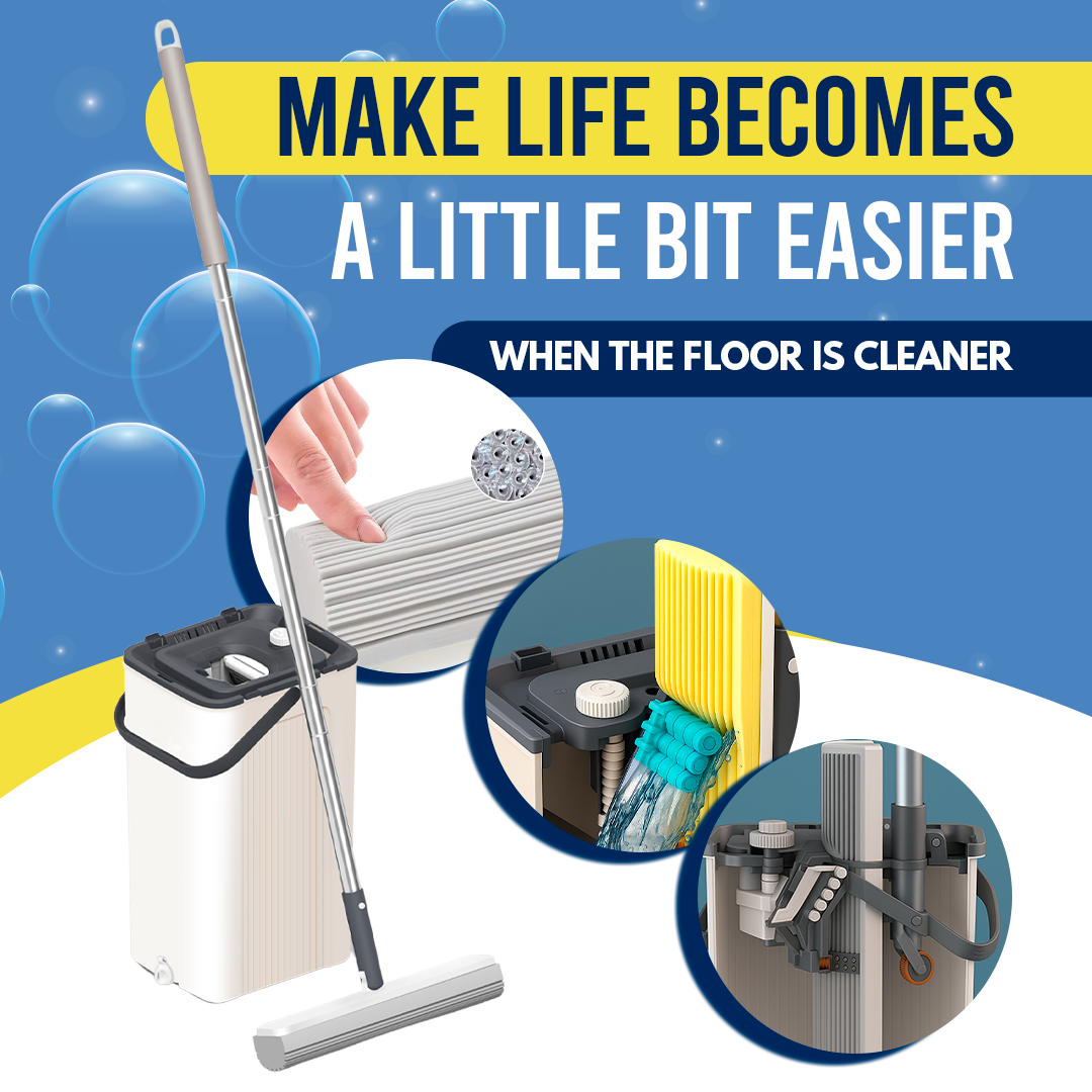 Mop and Bucket Set Self-Cleaning PVA 56in Pole 2 Refill Heads Flat Mop Magic Tow
