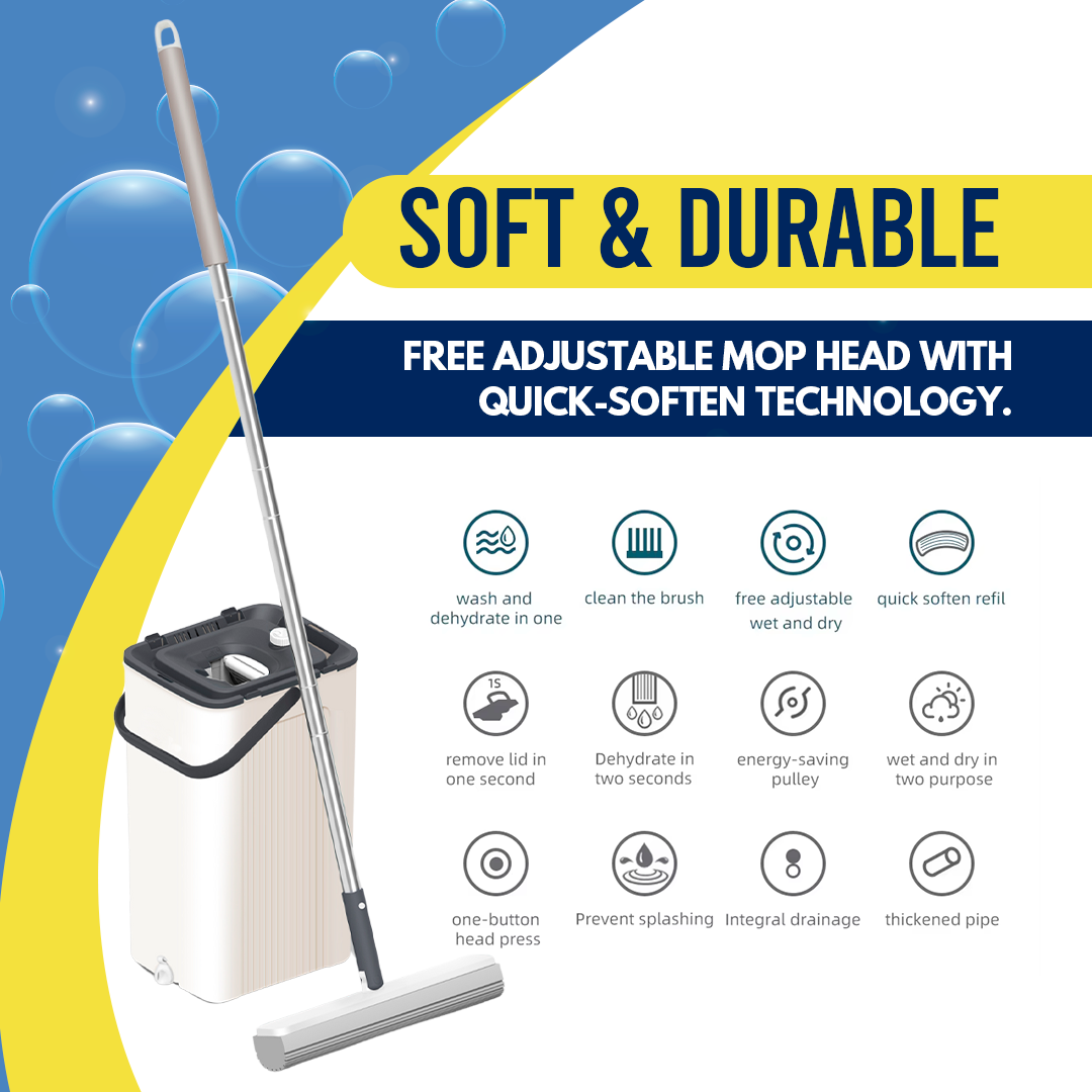 Mop and Bucket Set Self-Cleaning PVA 56in Pole 2 Refill Heads Flat Mop Magic Tow