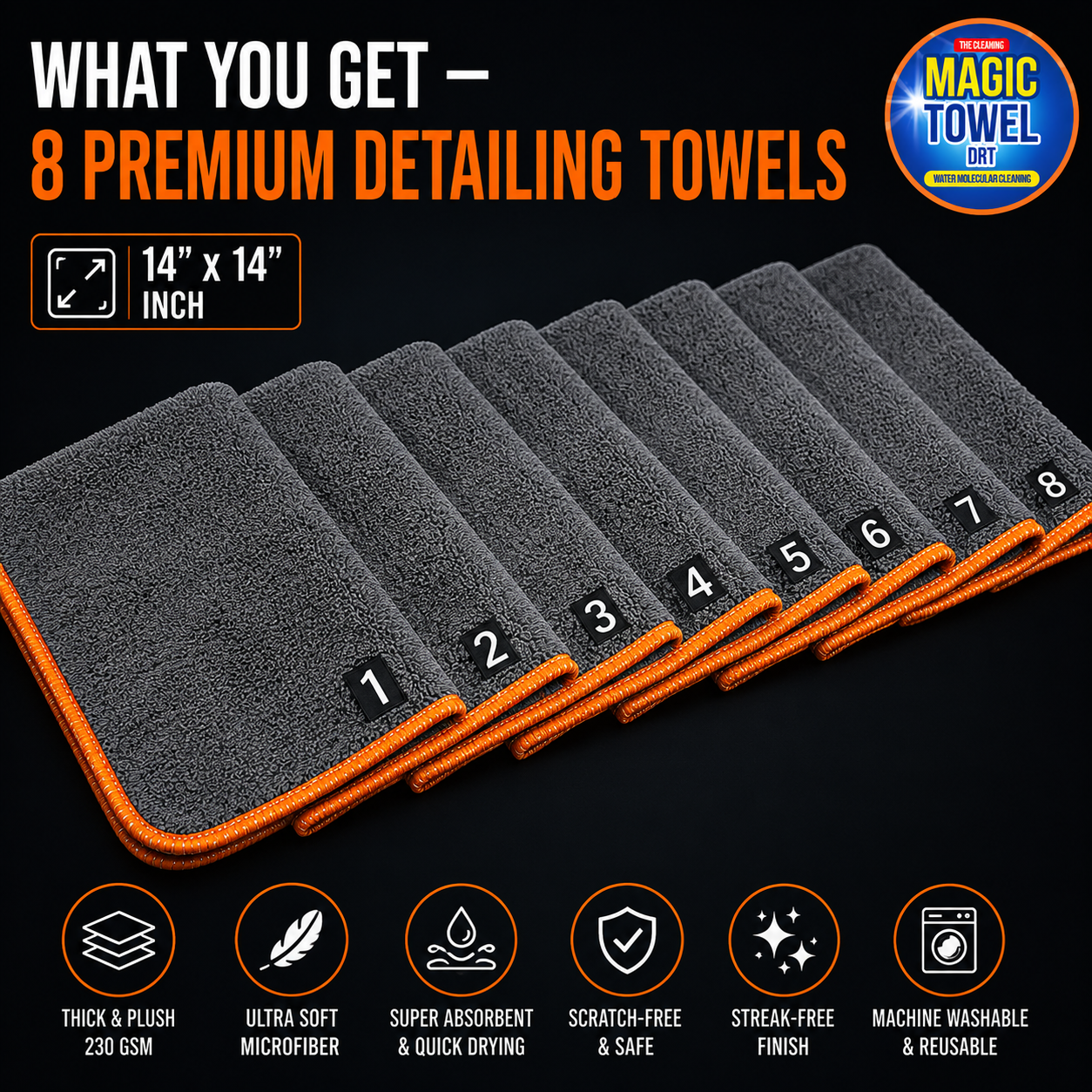 8-Pack Microfiber Car Detailing Towels 14x14 230 GSM Coral Fleece Lint-Free