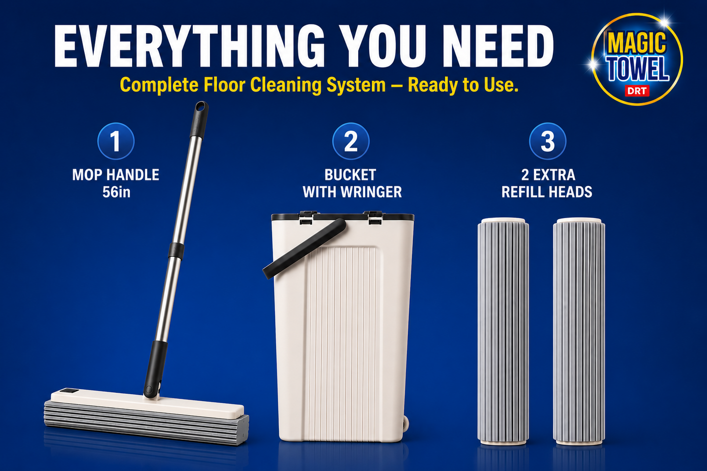 Mop and Bucket Set Self-Cleaning PVA 56in Pole 2 Refill Heads Flat Mop Magic Tow