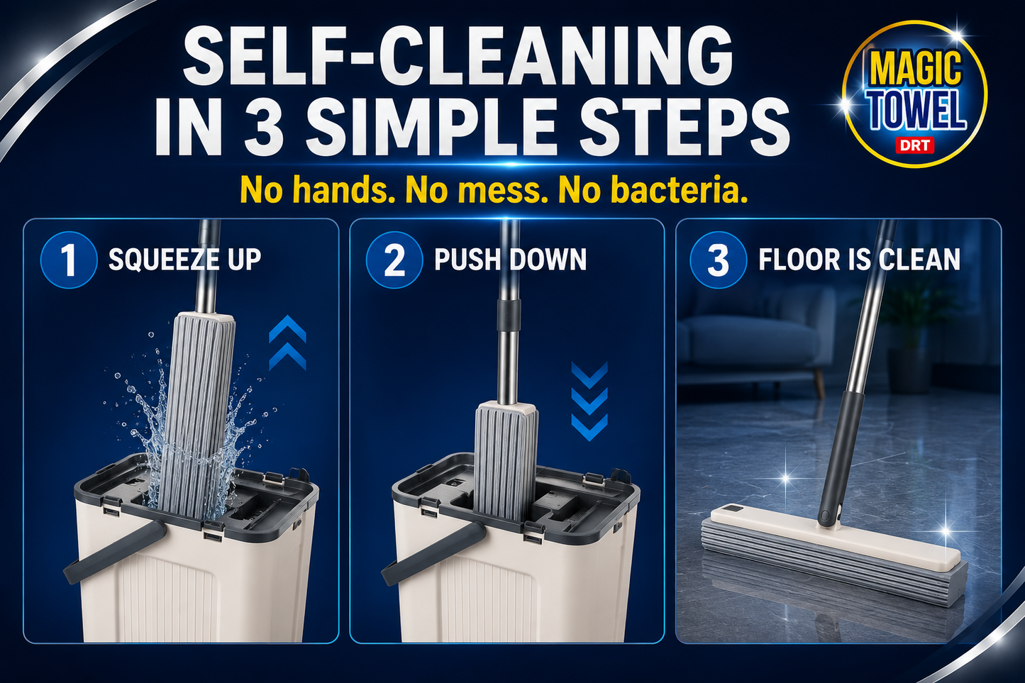 Mop and Bucket Set Self-Cleaning PVA 56in Pole 2 Refill Heads Flat Mop Magic Tow