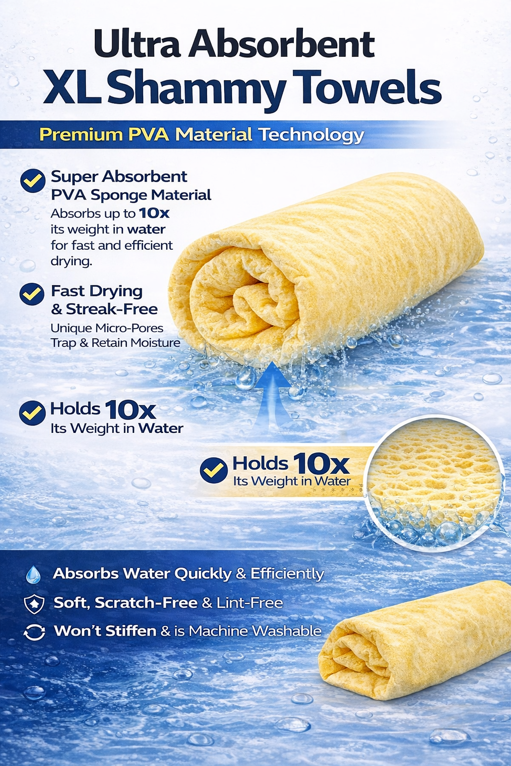 2 pack Shammy Chamois Car Drying Towel 34x25 XL PVA Super Absorbent Magic Towel