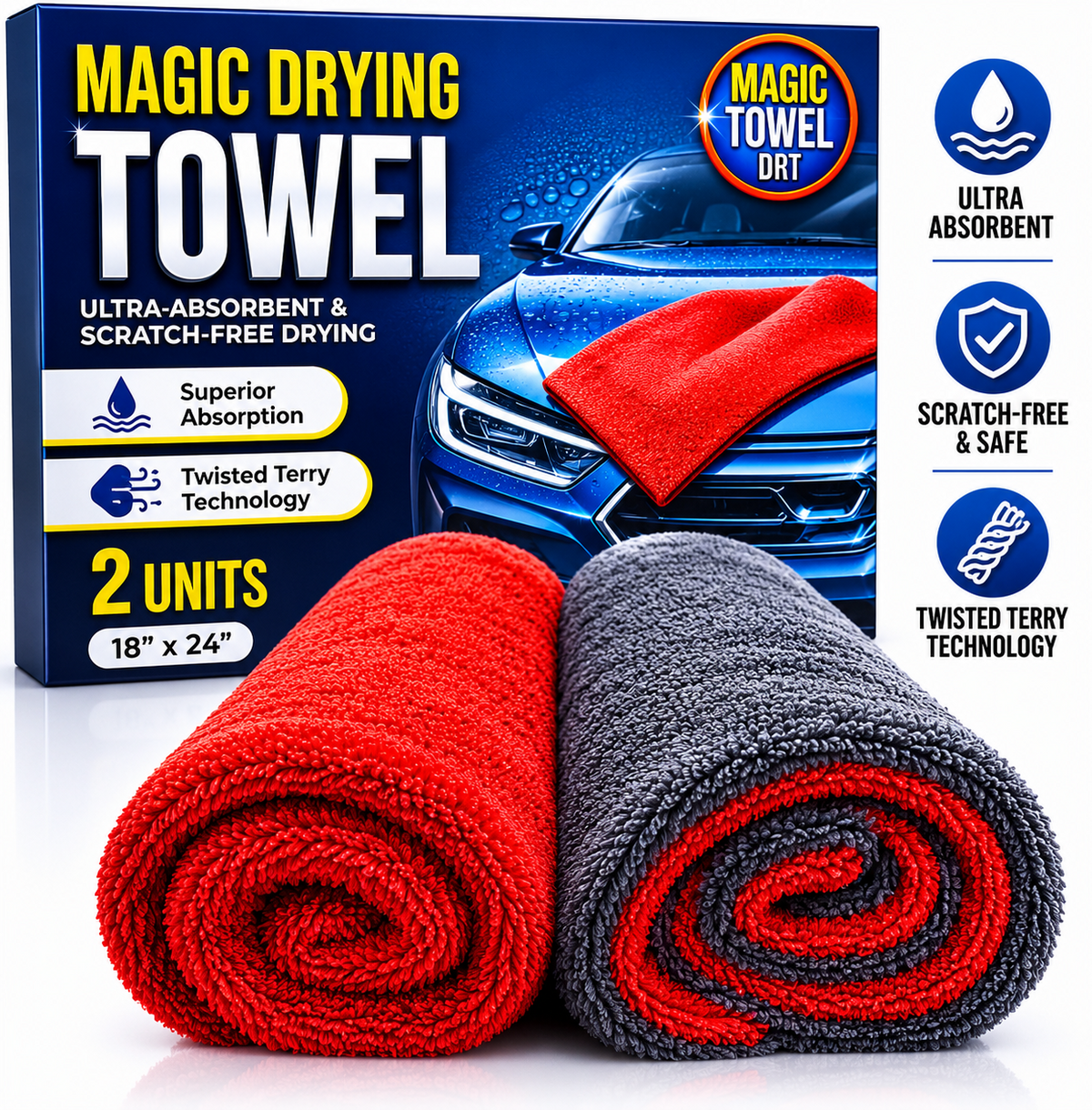 Microfiber Car Drying Towel 2-Pack 18x24in Gray Red Twisted Terry Ultra Absorben