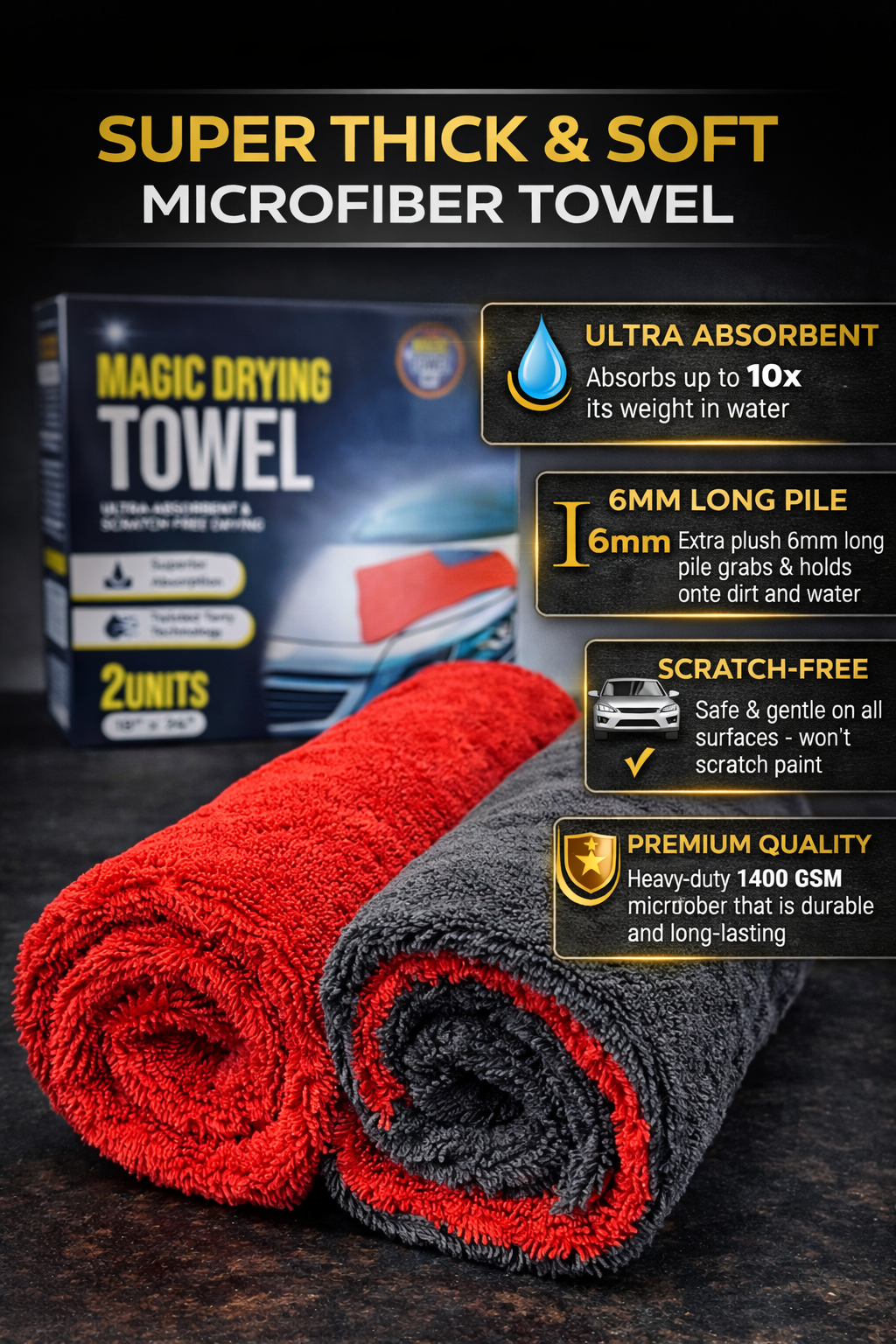 Microfiber Car Drying Towel 2-Pack 18x24in Gray Red Twisted Terry Ultra Absorben