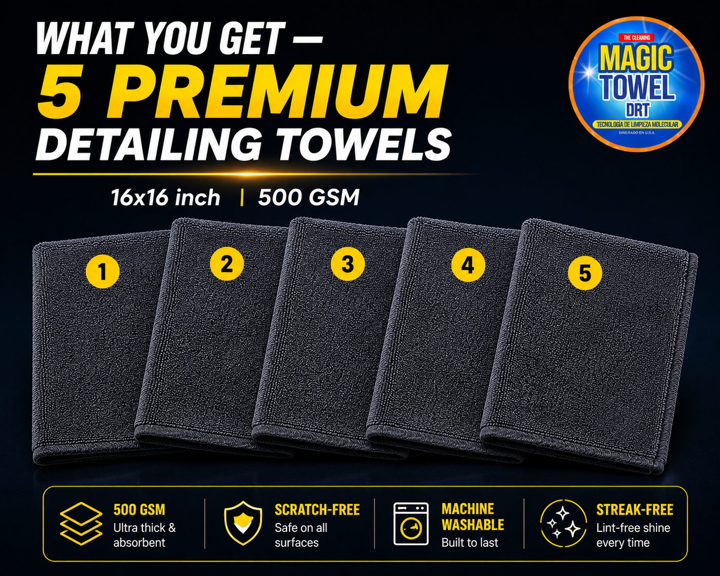 5-Pack Microfiber Car Detailing Towels 16x16 500 GSM Twisted Terry Scratch-Free