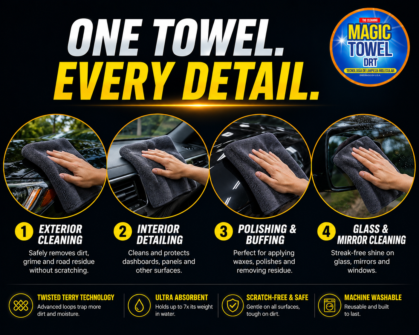 5-Pack Microfiber Car Detailing Towels 16x16 500 GSM Twisted Terry Scratch-Free