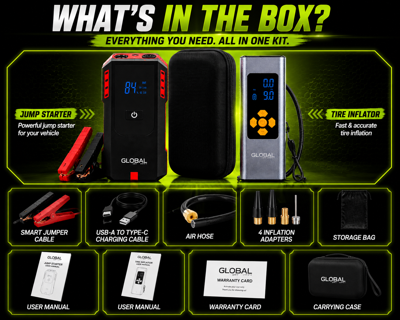 2-in-1 Jump Starter + Tire Inflator Combo 150PSI Portable Air Pump Car Battery