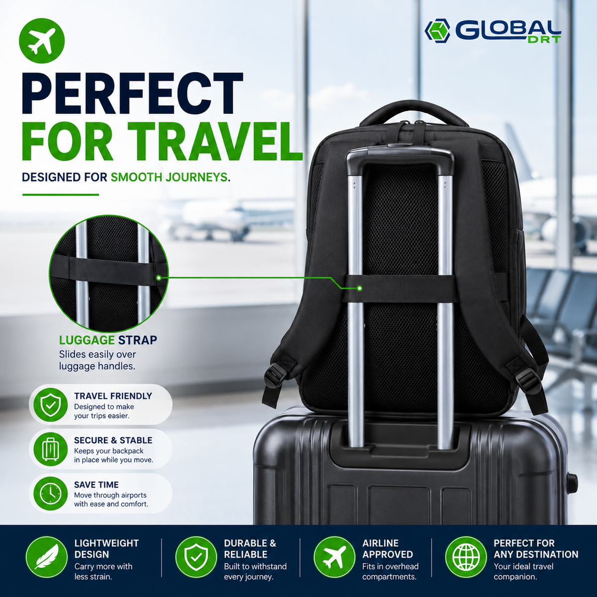 Backpack 17in Waterproof USB Charging Port Laptop 15.6in Travel Black Global DRT