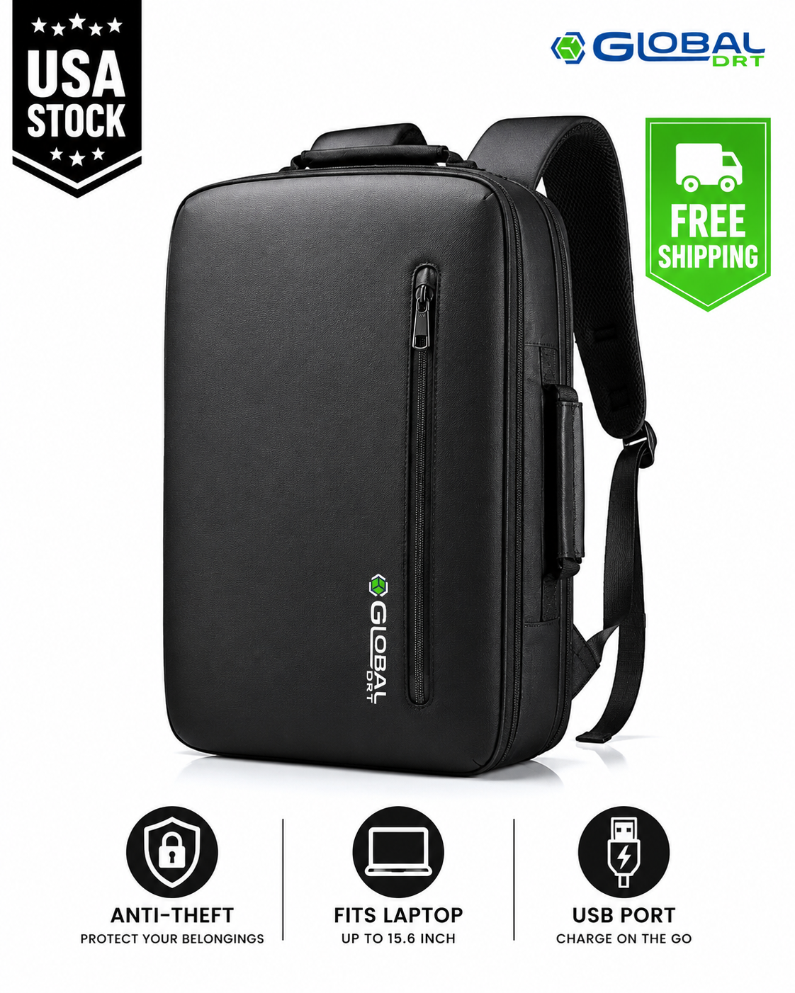 Backpack 17in Waterproof USB Charging Port Laptop 15.6in Travel Black Global DRT