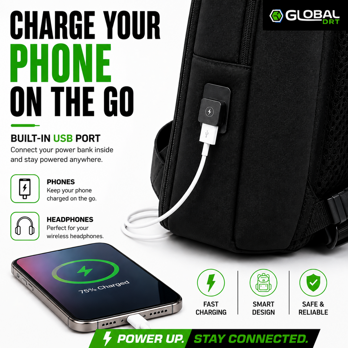 Backpack 17in Waterproof USB Charging Port Laptop 15.6in Travel Black Global DRT