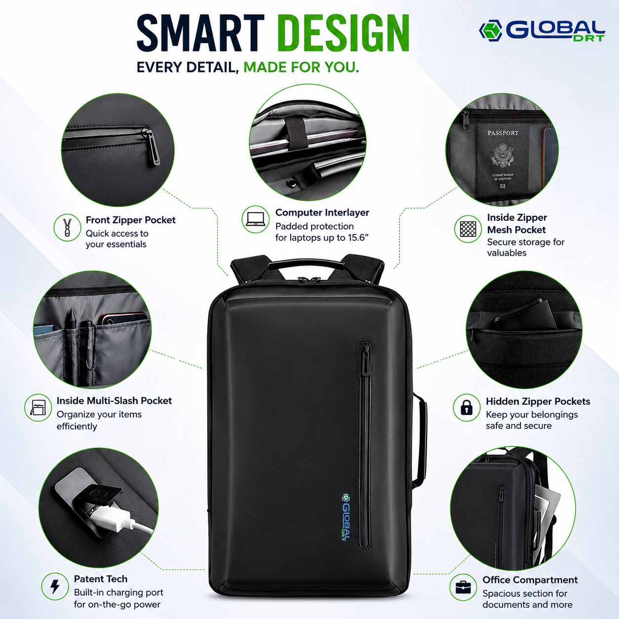Backpack 17in Waterproof USB Charging Port Laptop 15.6in Travel Black Global DRT