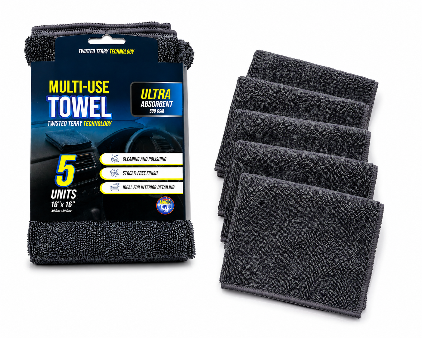 5-Pack Microfiber Car Detailing Towels 16x16 500 GSM Twisted Terry Scratch-Free