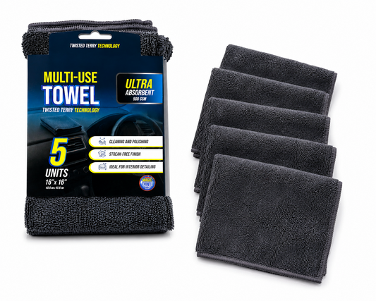5-Pack Microfiber Car Detailing Towels 16x16 500 GSM Twisted Terry Scratch-Free